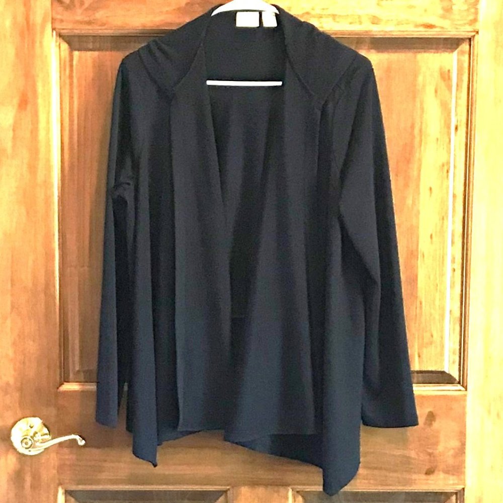 NAVY BLUE ZENERGY BY CHICOS, HOODED DRAPING SWEATER/CARDIGAN